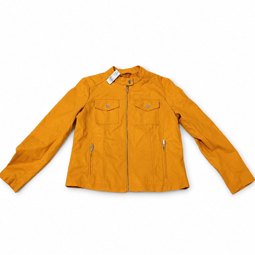 New York & Company Women's Faux Leather Moto Jacket Mustard Yellow Size 8 NWT